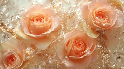 Delicate peach roses on ice crystals