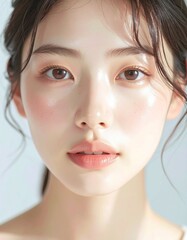 日本人, 若い女性, 美白肌, クローズアップ, 欠点のない肌, ナチュラルメイク, 柔らかい光
Japanese, young woman, fair skin, close-up, flawless, natural makeup, soft light