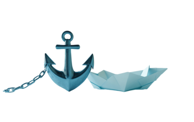 Floating metal anchor suspended midair and chained to a small delicate paper boat in a surreal scene isolated on transparent background PNG