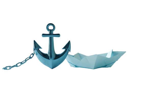 Floating metal anchor suspended midair and chained to a small delicate paper boat in a surreal scene isolated on transparent background PNG