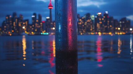 City skyline at night, viewed through a metal post by water