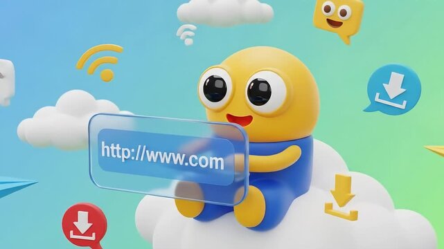 Adorable 3D Character Navigates the Digital World with Website and Download Icons : http www com