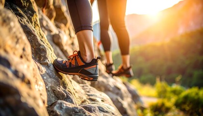 Close-up of climbers' feet on a rock face at sunrise