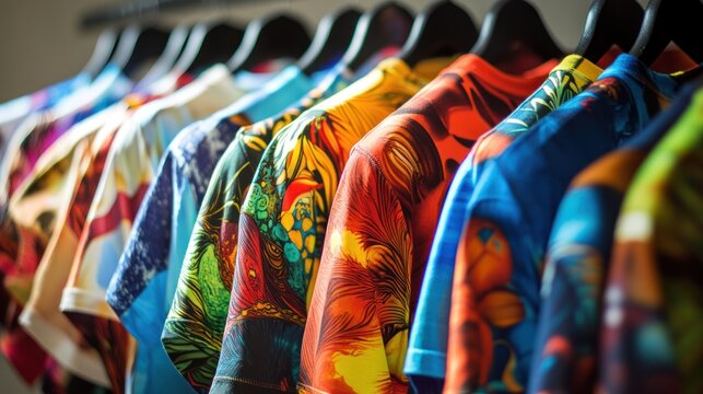 Colorful printed t-shirts on hangers in a retail store