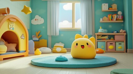 Cartoon kid's room, soft yellow plush toy, sunny window view, playhouse, interior design