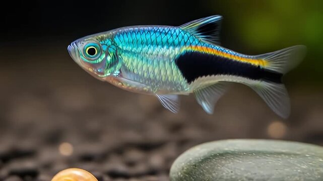 Iridescent tropical fish and snail in a freshwater aquarium	