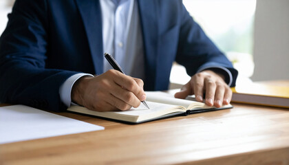Closeup of a businessman in a formal suit writing notes in a planner at a wooden office desk. Professional executive signing a document or journaling ideas for a business strategy.