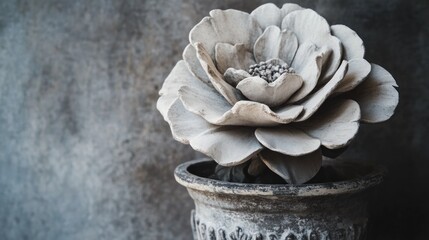 Elegant gray flower in vintage pot against a textured background