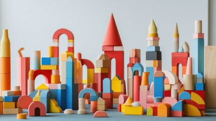 Colorful wooden block city, child's play, indoors, neutral background