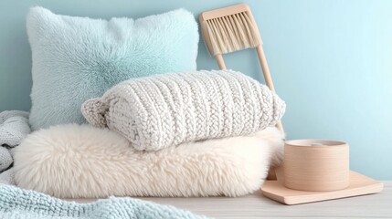 Cozy, knitted and faux fur throw pillows, wooden tools, light blue wall background