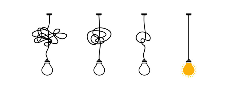 Complex complicated process easy solution, simplify problem,untangling mess knot in simple line, simplest right way, good idea concept vector