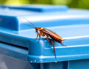 Close-up of cockroach on blue bin