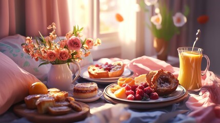 Delicate breakfast in bed with sunlight and flowers