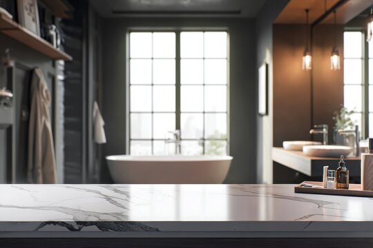 A luxurious masculine bathroom scene with a sharp-focus white marble counter surface featuring natural dark veins