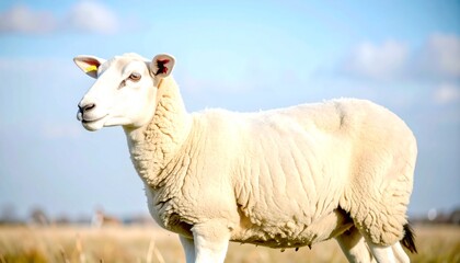 Obraz premium A single sheep stands in a field, looking to the side, bathed in sunlight.