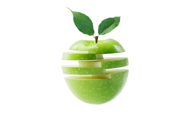 Floating green apple splitting into layered segments in a surreal fresh abstract composition isolated on transparent background PNG