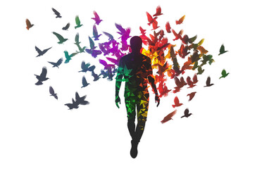 Obraz premium Floating human silhouette gradually dissolving into particles in a surreal scene isolated on transparent background PNG