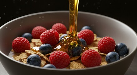 Honey Pouring on Cereal with Raspberries and Blueberries for Breakfast