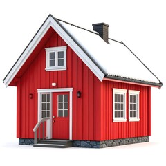 3d cartoon scandinavian wooden cabin with steep gable roof, red painted walls, white window frames, snow on roof.