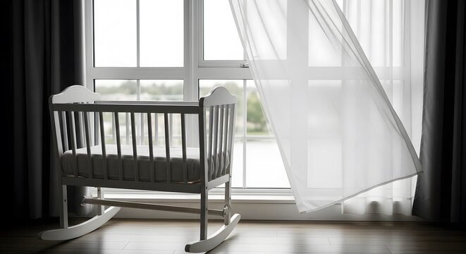 A white baby crib sits near a window with blowing sheer curtains, indoors.