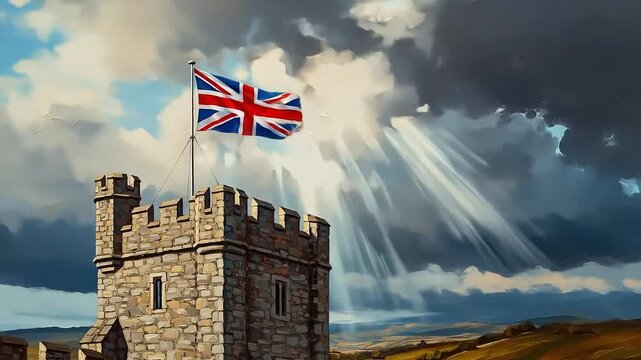 uk flag union jack waving over historic castle tower