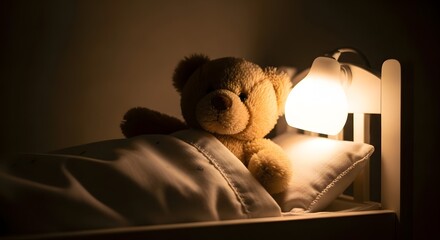A cute teddy bear rests in a miniature bed, tucked in under a warm bedside lamp.