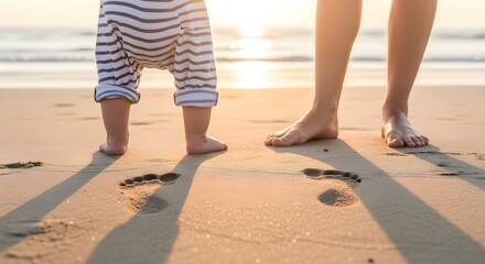 A baby and mother stand on a sandy beach at sunset, leaving footprints in the wet sand.