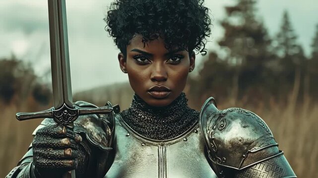 Powerful female knight in medieval armor, holding a sword outdoors