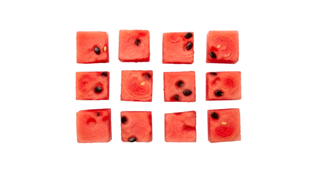 Watermelon Cubes Arranged Neatly on Transparent Background Showcasing Freshness and Sweetness, Food Themes