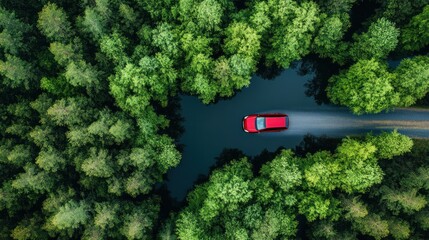 Red car on a flooded forest road. High angle view