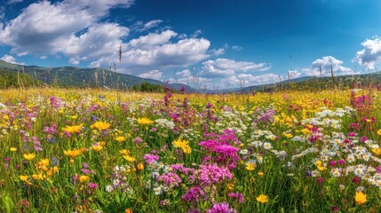 Lush field blooms; vibrant flowers meet the forest under a vast, patterned, bright sky