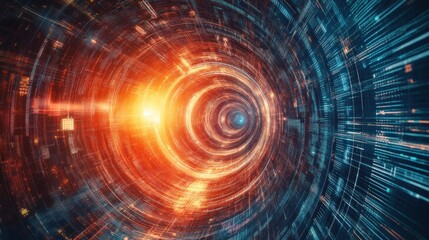 Abstract digital tunnel with concentric circles, vibrant colors, and glowing lines