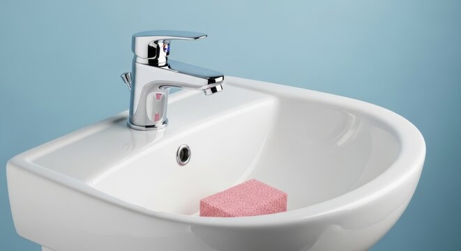 Modern clean white bathroom sink with chrome faucet and a pink sponge ready for a hygiene product advertisement