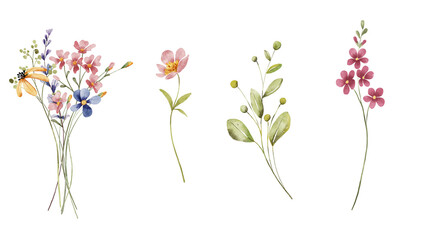 Watercolor Blossom and Green Leaf Trilogy: A Set of Three Charming PNG Format Illustrations for Design Applications