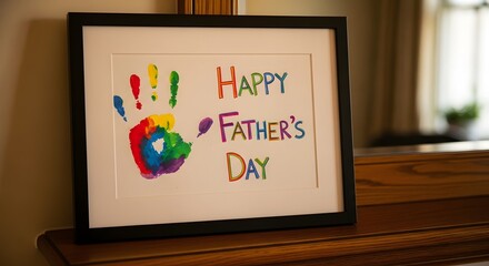 A framed colorful handprint artwork with "Happy Father's Day" written in bright, cheerful lettering, presented as a heartfelt gift.