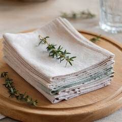 Stack of Reusable Linen Napkins with Thyme Sprig
