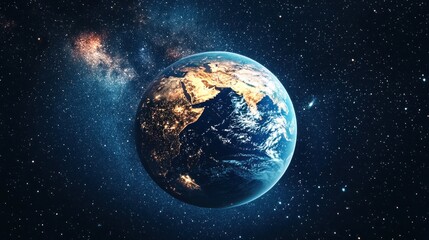 Naklejka premium Earth seen from space, lit by sun, surrounded by stars and nebula
