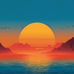 Obraz premium Retro-styled digital sunset illustration featuring a vibrant sun setting behind mountain silhouettes with reflections on calm water, evoking nostalgia, tranquility, and synthwave aesthetics.