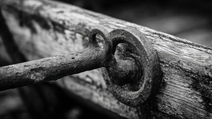 Aged metal bracket connects a weathered wooden beam in a close-up black and white
