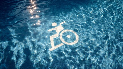 Underwater view of a disability access symbol painted on the floor of a swimming pool, representing inclusivity, accessibility, adaptive sports, and equal opportunities in recreational facilities.