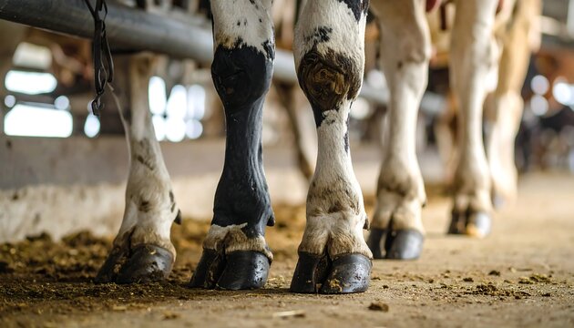 Close-up of cow legs and hooves in barn