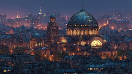 Fototapeta premium Majestic urban skyline at twilight featuring grand domed architecture