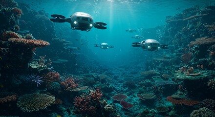 Underwater Drone Fleet Navigating Ocean Floor with Coral Reefs for Delivery
