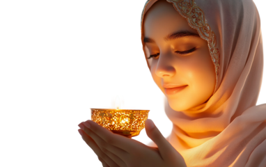 Devoted child in hijab holding and lighting a symbolic lantern to mark the holy season isolated on transparent background PNG