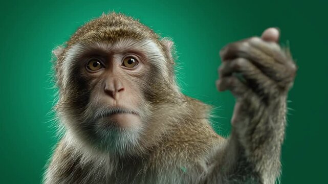 Close up of a monkey with brown fur giving a thumbs up on a green background in studio light green screen animal video