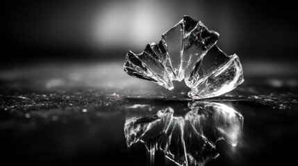 Shattered glass gleams on a black reflective surface, with soft light & deep shadows