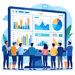 Obraz premium Business team viewing large screen with multiple graphs and charts