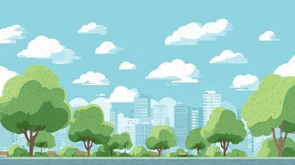 Flat cartoon cityscape with greenery, buildings and fluffy clouds against a light blue sky