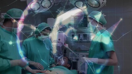 Surgical team conferring, activating holographic globe securing IV and checking vitals for surgery - Powered by Adobe