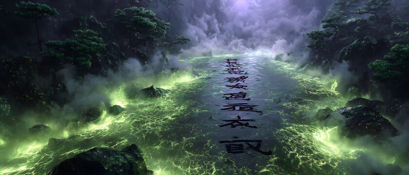 Mesopotamian Mythology・Tiamat&rsquo;s Wrath | Dark Green Chaos Wave, Bone - Shard Fangs, Cuneiform Curses, Raging Toxic Mist Art